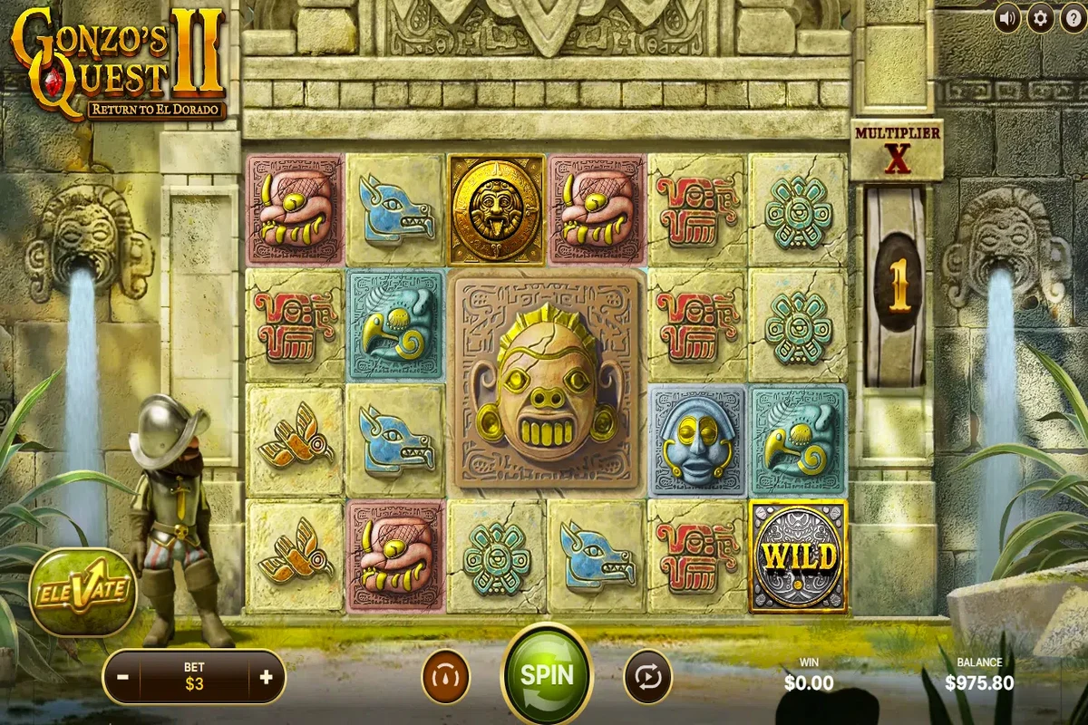 Gonzo's Quest 2 demo gameplay showing expanded 6x6 grid with avalanche in progress