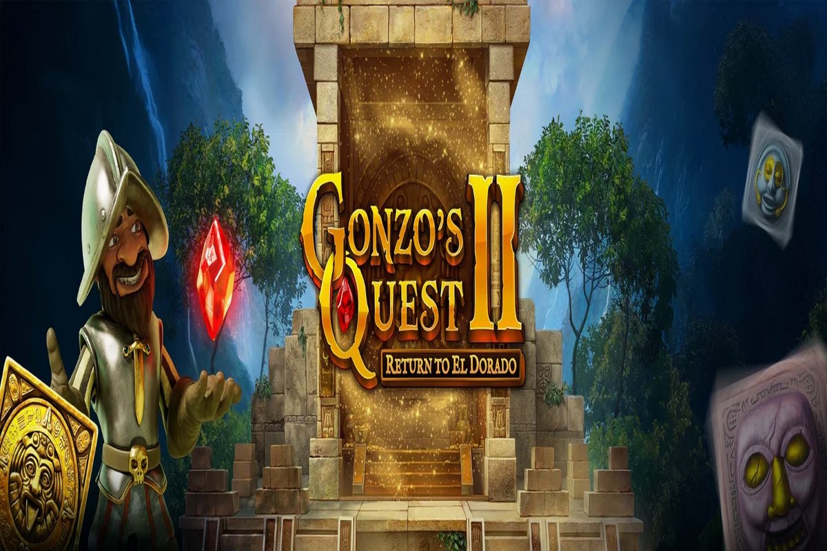 Gonzo's Quest 2 demo slot showing El Dorado temple with Gonzo character and expanding grid